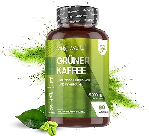 Grüner Kaffee - 21.000mg Grüner Kaffeebohnen Extrakt - Alternative zu Apfelessig & Koffeintabletten - 90 Kaffeepulver Kapseln - Superfood mit Chlorogensäure und Koffein - Green Coffee - WeightWorld