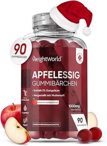 Apfelessig Gummibärchen 1000mg - Keto mit Essigmutter - Apple Cider Vinegar & Vitamin C, B6, B12 & B9 Folsäure - 90 Gummies mit Apfelgeschmack - Alternative zu Flüssig - Vegan - WeightWorld